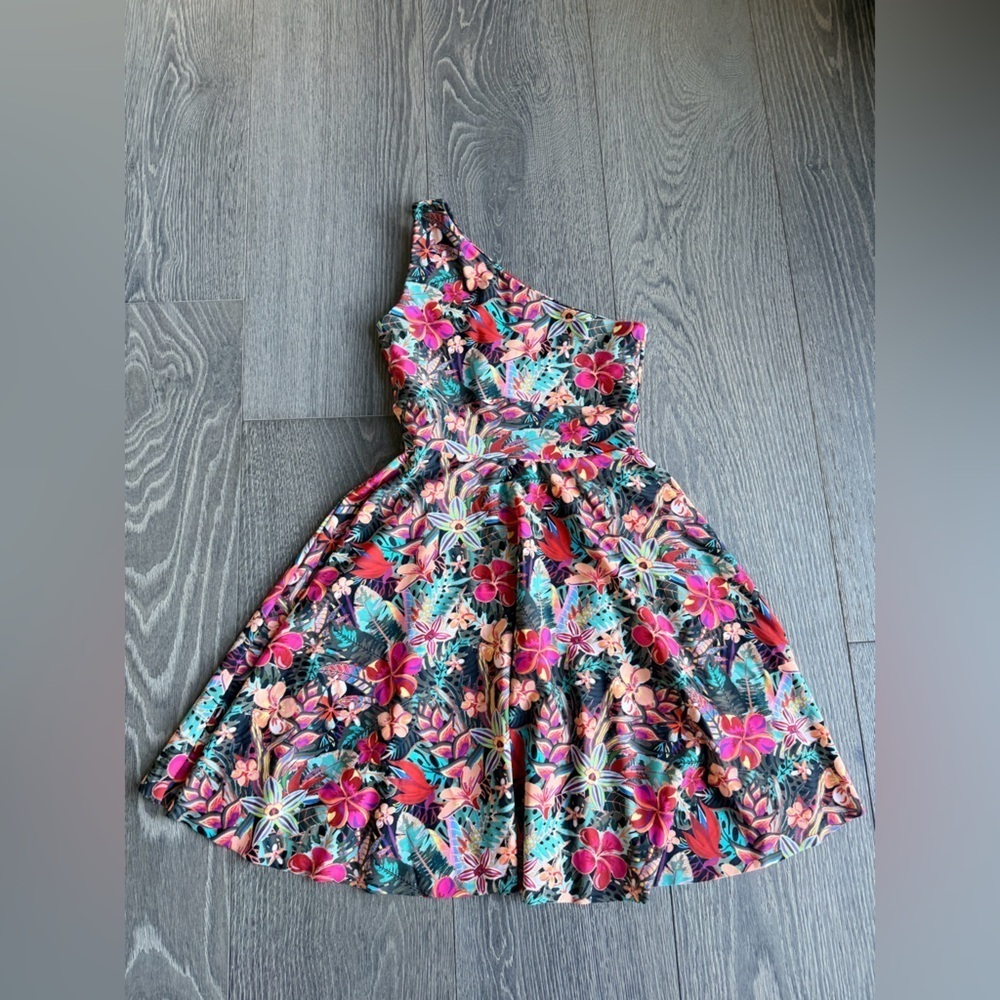 Exotica Tropical Floral Silky One Shoulder Comfort Crop Mini Dress Size Small